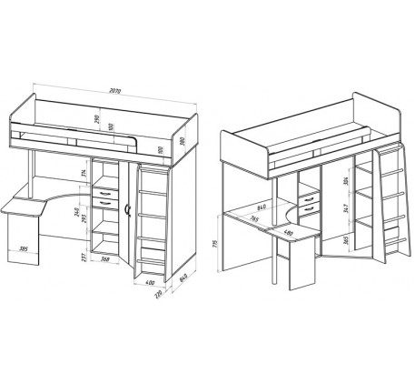 Кровать-чердак со столом и шкафом Милана-5, спальное место 200х80 см